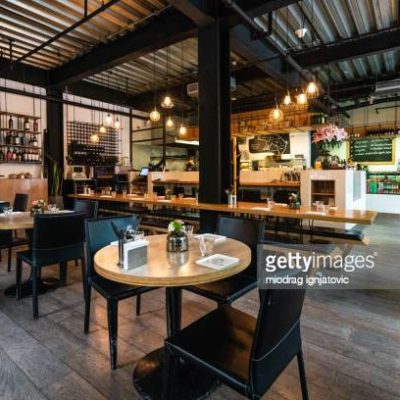 Interior of cozy restaurant for gathering with friends, with tables, chairs, no people